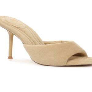 JLo Jennifer Lopez Tamin Stiletto Terrycloth Cushion Mules Tan Size 8.5 Like New